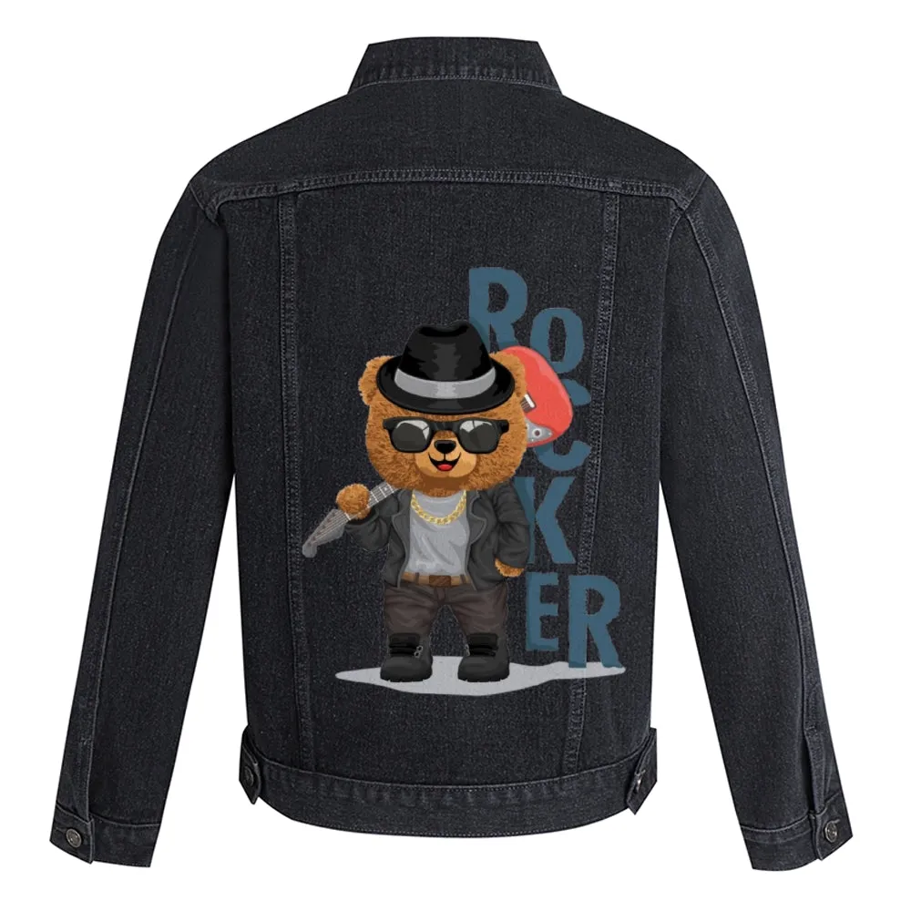 Mens Vintage Cartoon Cute Rocker Bear Prints Denim Jacket