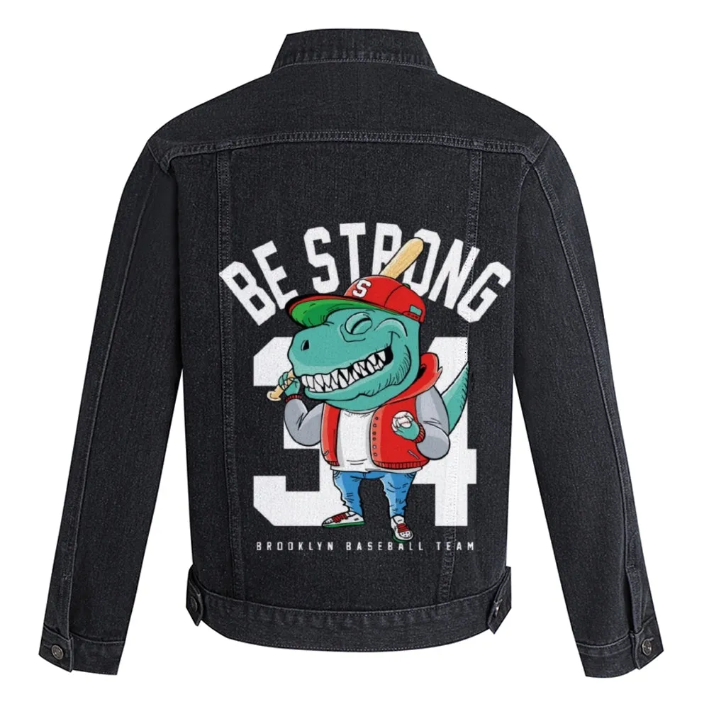 Mens Vintage Cartoon Prints Be Strong 34 Denim Jacket