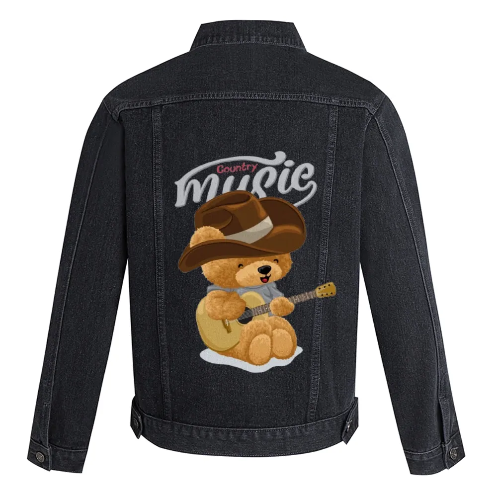 Mens Vintage Cartoon Prints Country Music Denim Jacket