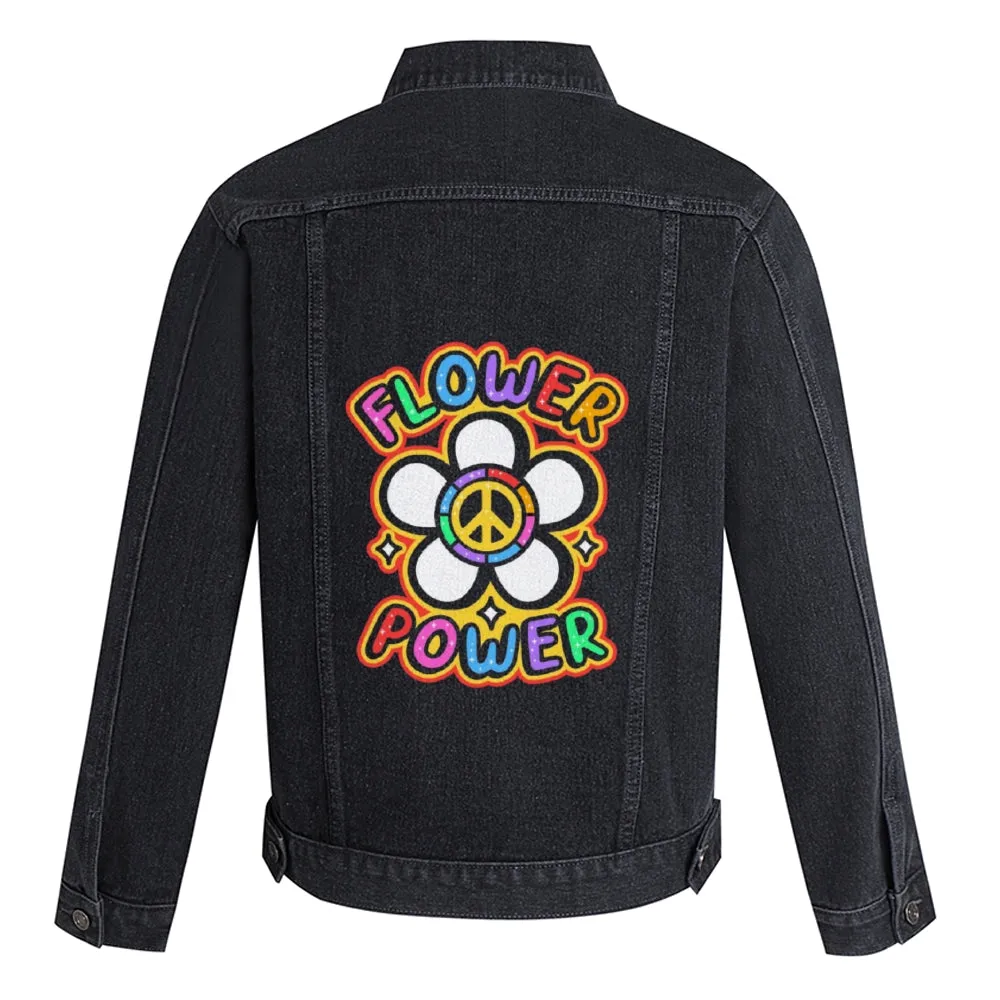Mens Vintage Cartoon Prints FLOWER POWER Denim Jacket