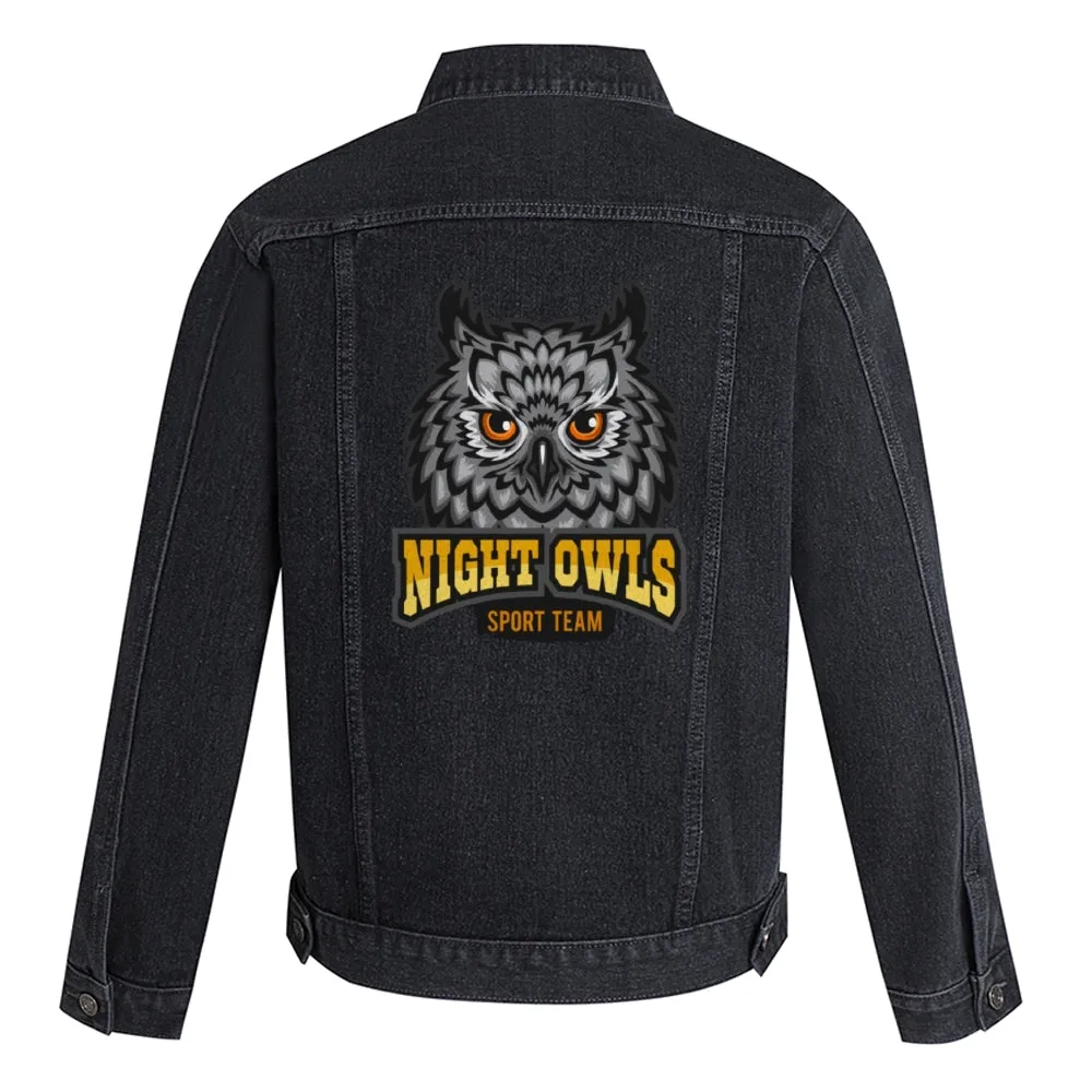Mens Vintage Cartoon Prints NIGHT OWLS SPORT TEAM Denim Jacket