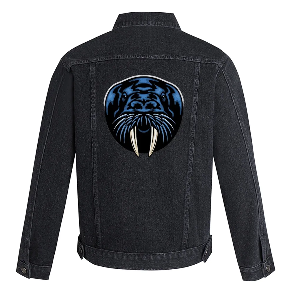 Mens Vintage Cartoon Prints SPORT TEAM WALRUSES Denim Jacket