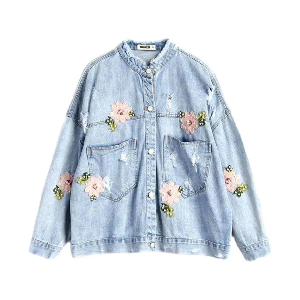 Oversized light wash floral women's denim jacket