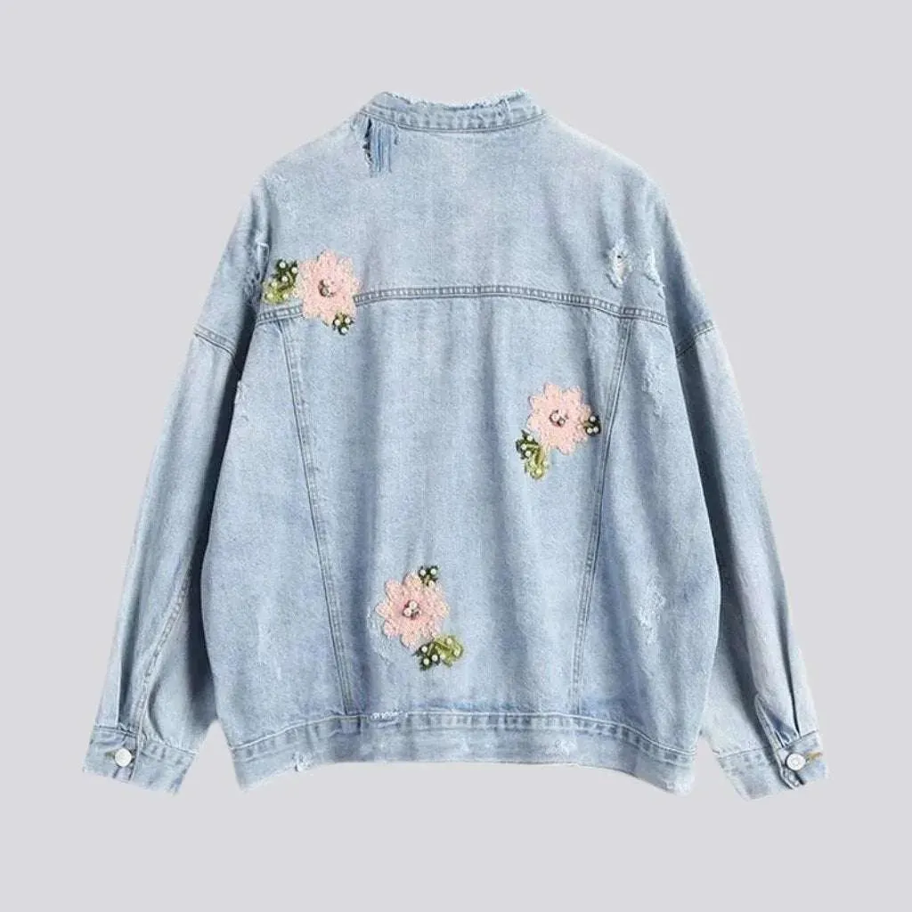 Oversized light wash floral women's denim jacket
