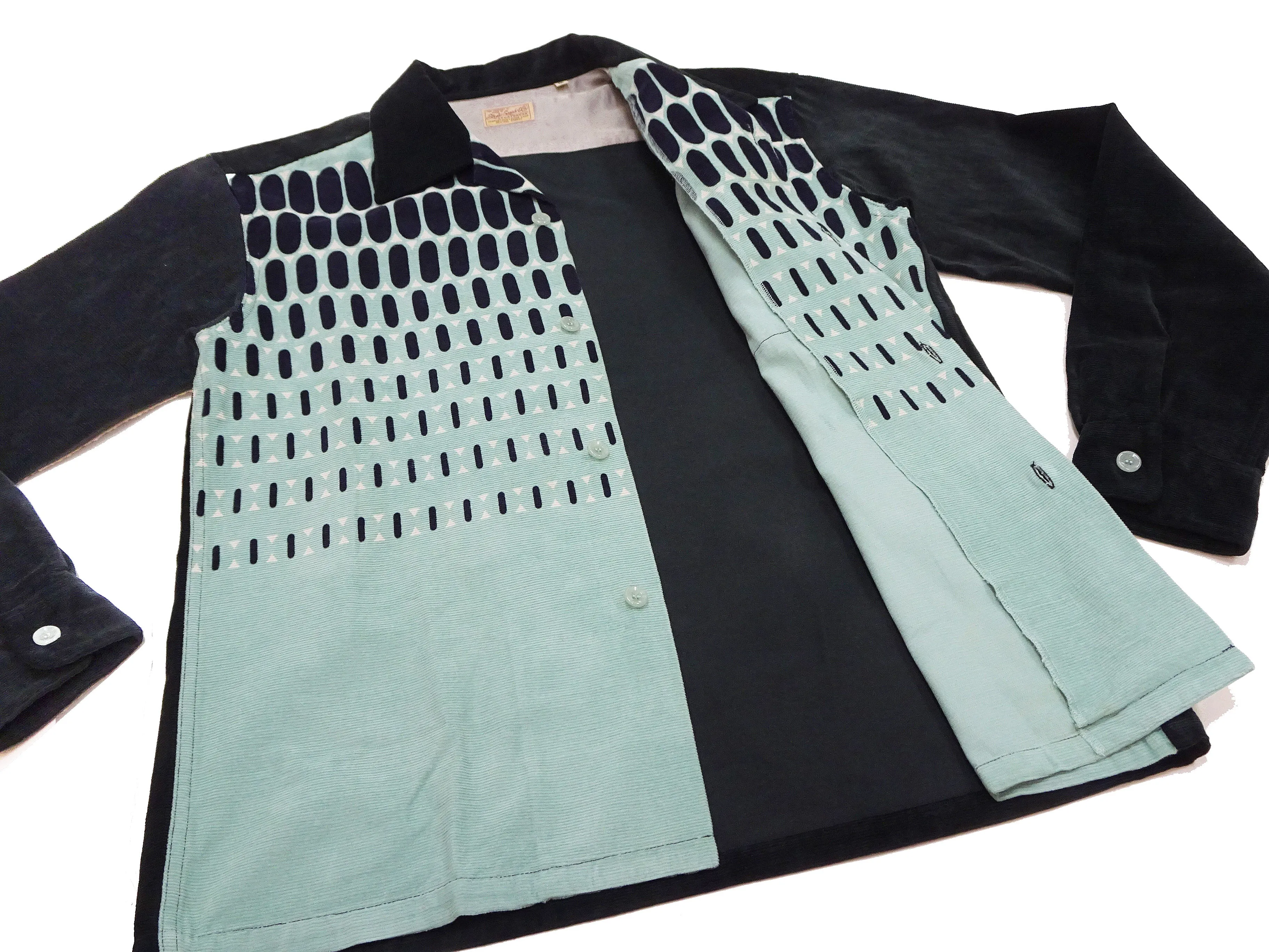 Style Eyes Corduroy Sport Shirt Men's 1950s Style Long Sleeve Button Up Shirt ELVIS DOT Pattern With Two-Tone Design SE29170 141 Mint-Green/Black