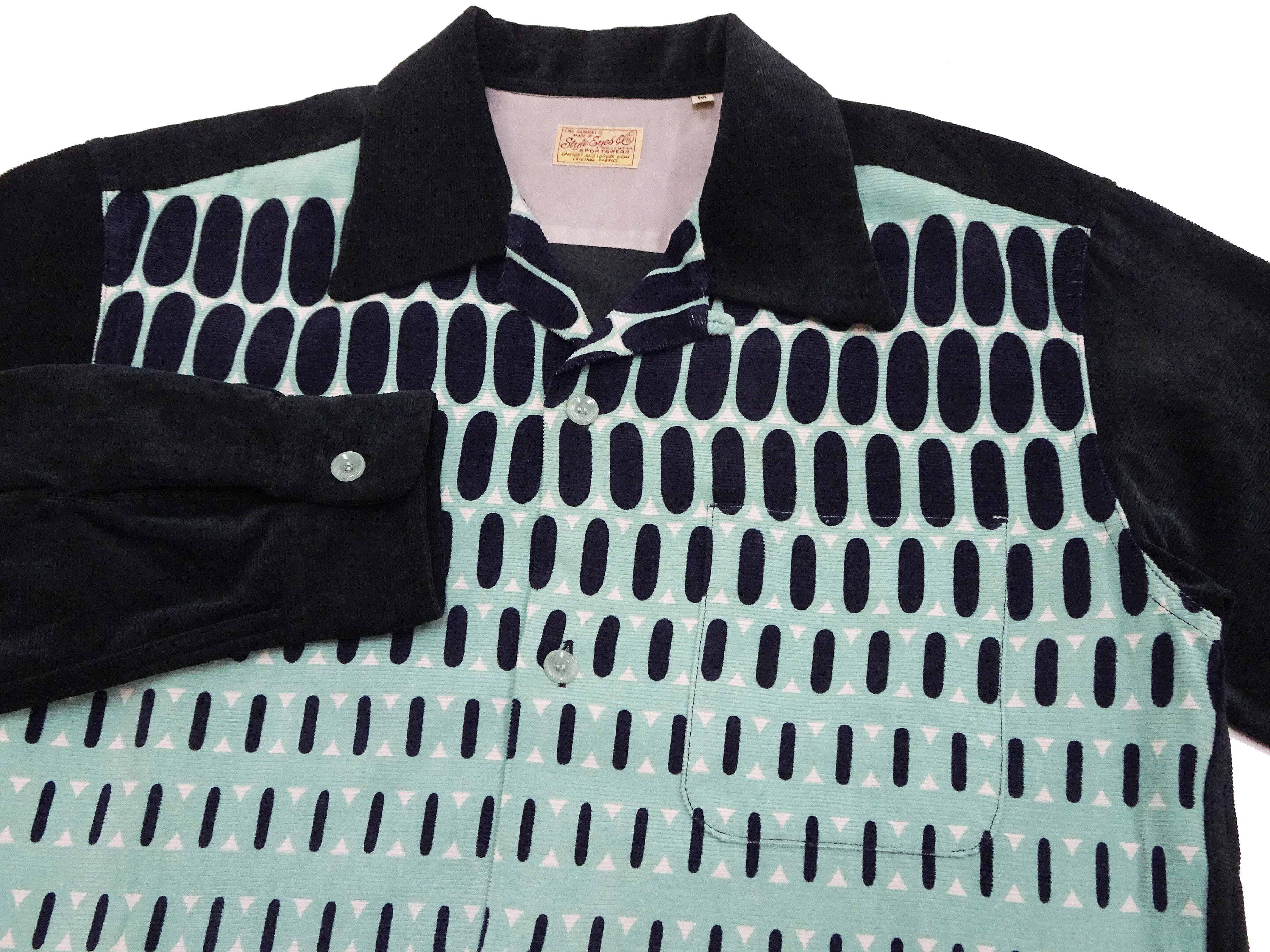 Style Eyes Corduroy Sport Shirt Men's 1950s Style Long Sleeve Button Up Shirt ELVIS DOT Pattern With Two-Tone Design SE29170 141 Mint-Green/Black