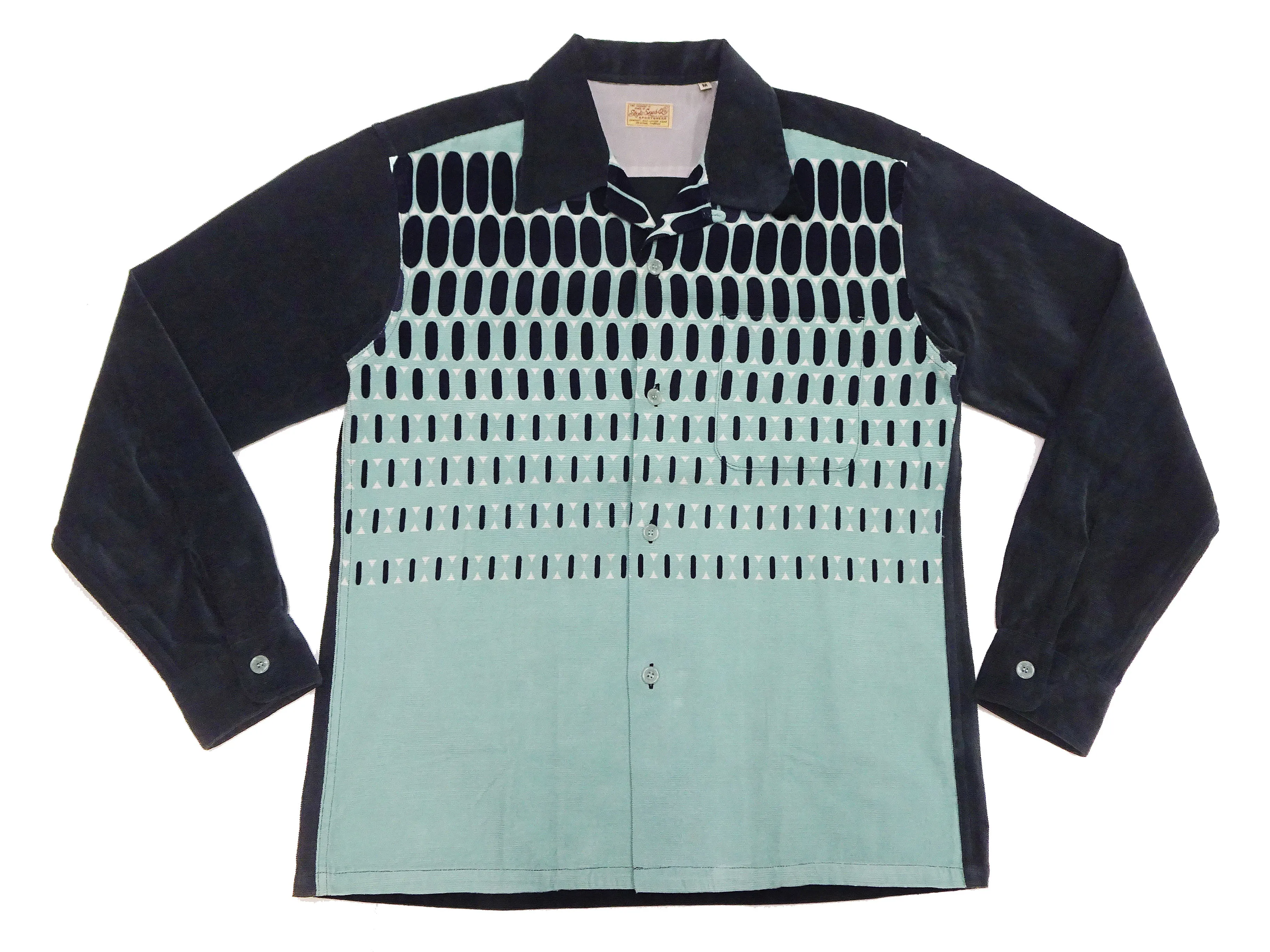 Style Eyes Corduroy Sport Shirt Men's 1950s Style Long Sleeve Button Up Shirt ELVIS DOT Pattern With Two-Tone Design SE29170 141 Mint-Green/Black