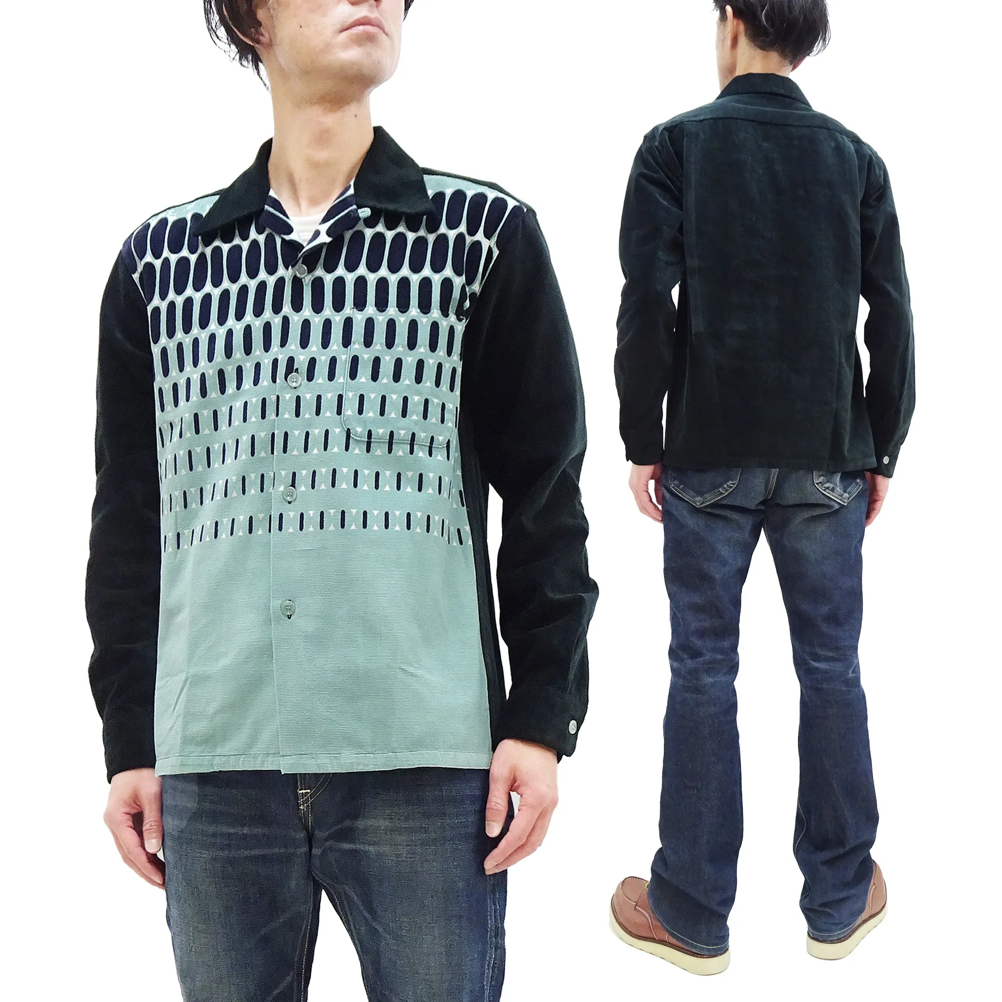 Style Eyes Corduroy Sport Shirt Men's 1950s Style Long Sleeve Button Up Shirt ELVIS DOT Pattern With Two-Tone Design SE29170 141 Mint-Green/Black