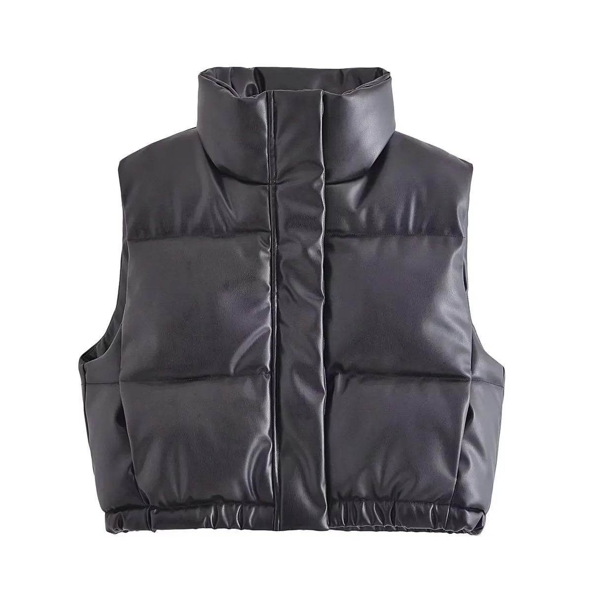 Women Clothing Solid Color Short Cotton Waistcoat Faux Leather Cotton Padded Jacket Vest