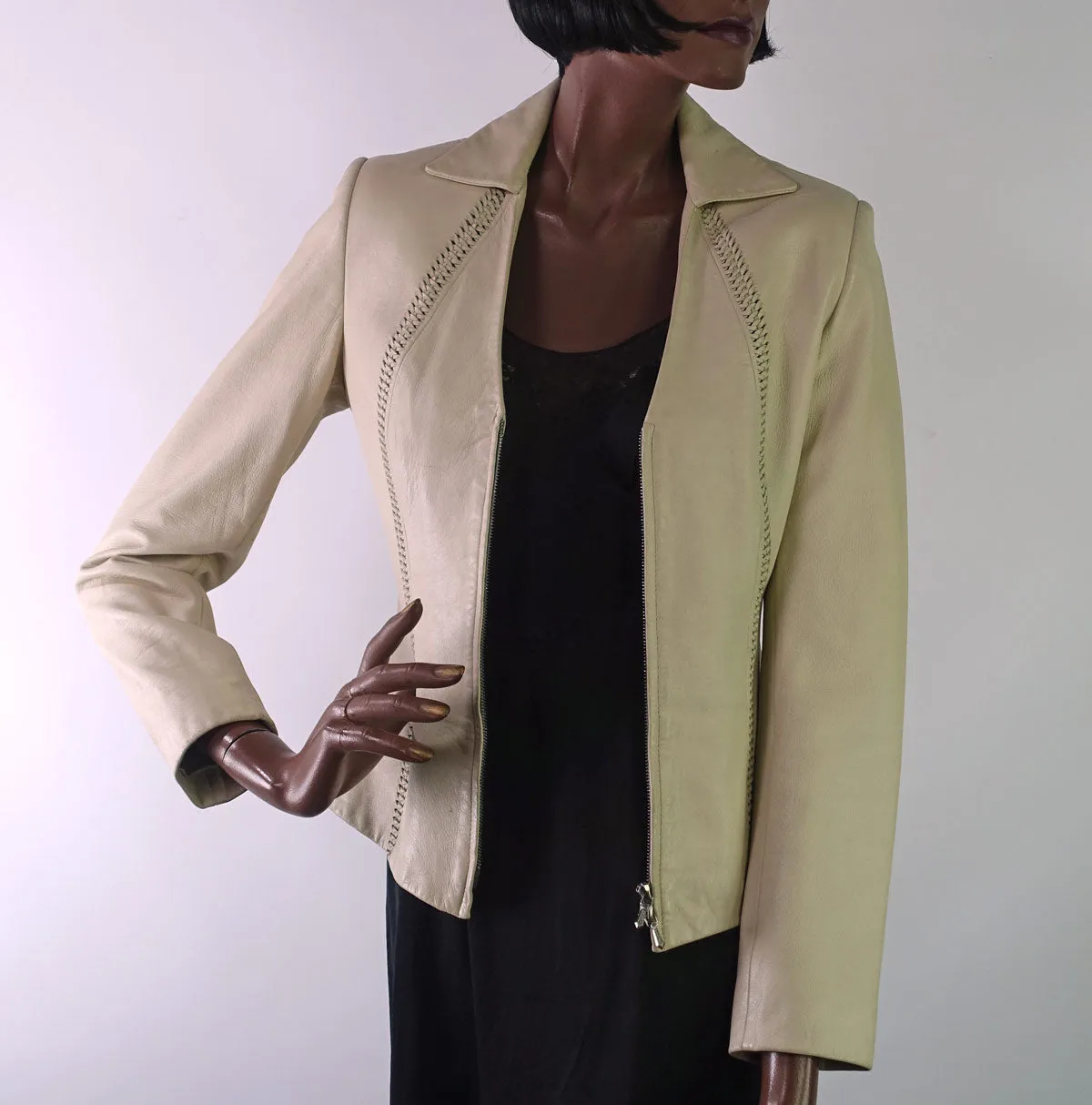 Women's Cropped Cream Leather Jacket Vintage 90s Lacing Detail Hoban North Beach Extra Small VFG