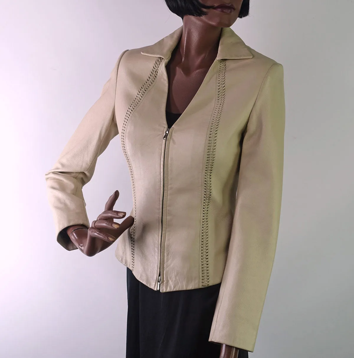 Women's Cropped Cream Leather Jacket Vintage 90s Lacing Detail Hoban North Beach Extra Small VFG