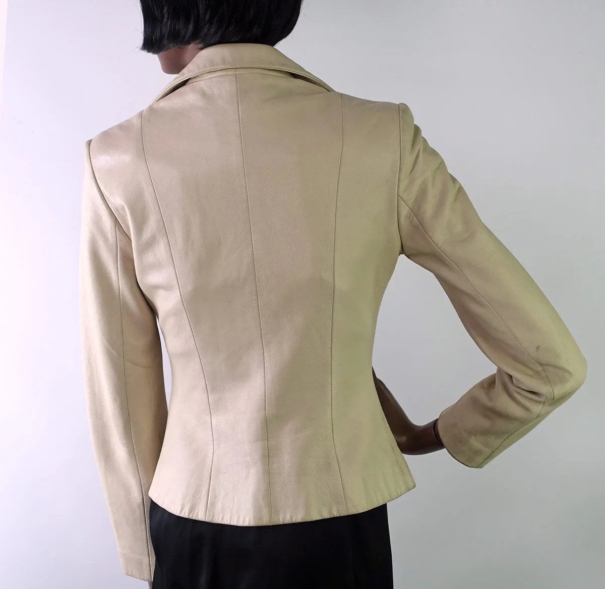 Women's Cropped Cream Leather Jacket Vintage 90s Lacing Detail Hoban North Beach Extra Small VFG