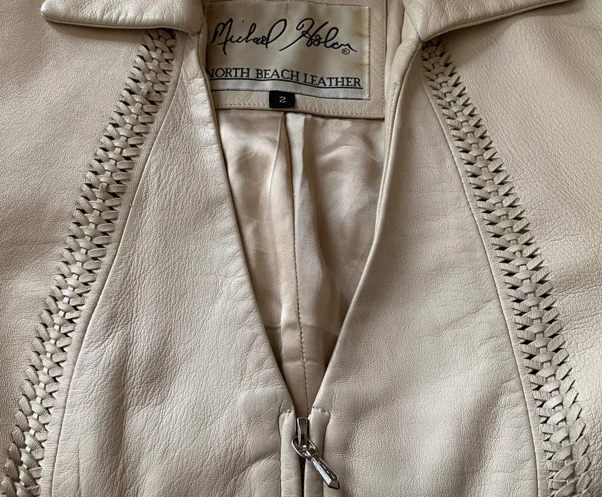 Women's Cropped Cream Leather Jacket Vintage 90s Lacing Detail Hoban North Beach Extra Small VFG