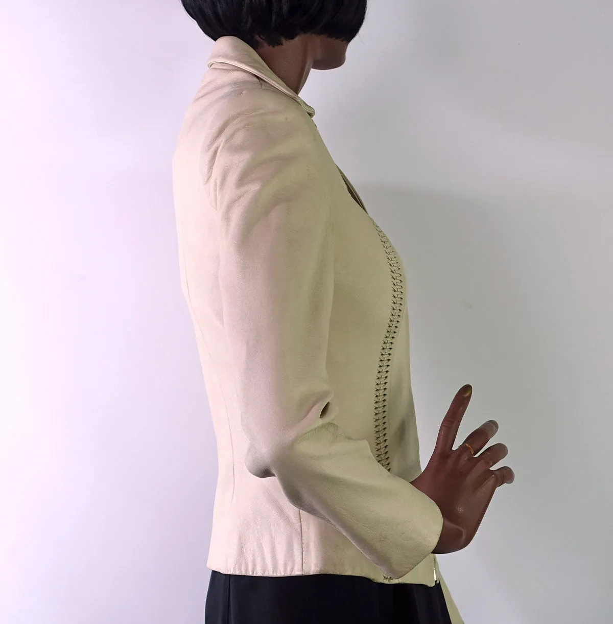 Women's Cropped Cream Leather Jacket Vintage 90s Lacing Detail Hoban North Beach Extra Small VFG