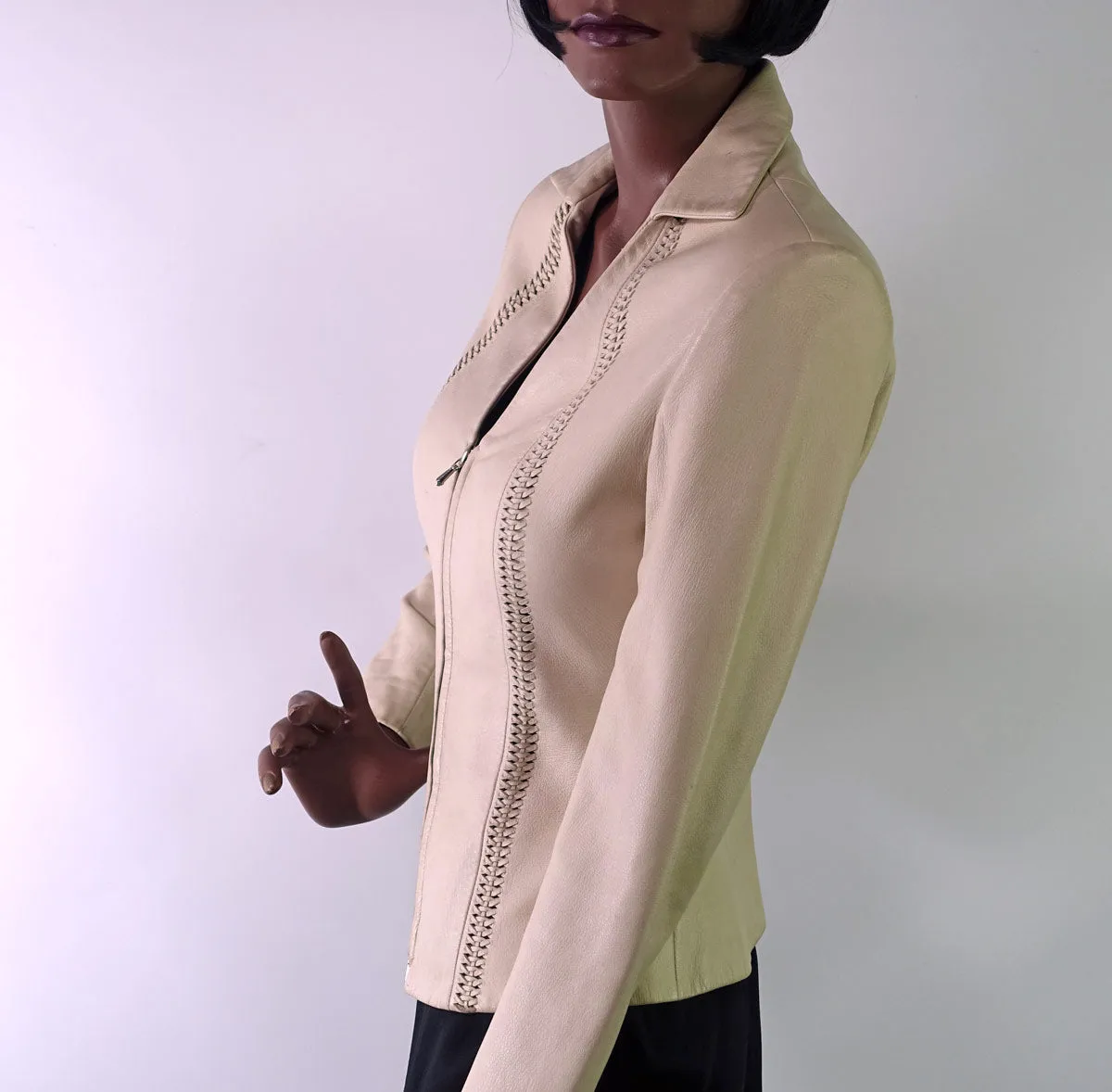 Women's Cropped Cream Leather Jacket Vintage 90s Lacing Detail Hoban North Beach Extra Small VFG